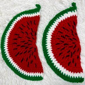 Vintage Set of 2 Watermelon Crochet Knit Decor w/ Hanging Loop